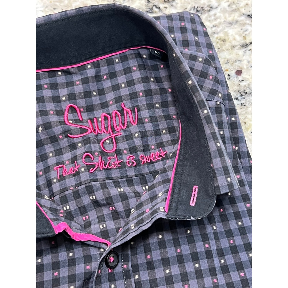 Sugar Mens Gingham Button Down Shirt Grey Black Pink Micro Dot Long Sleeve M